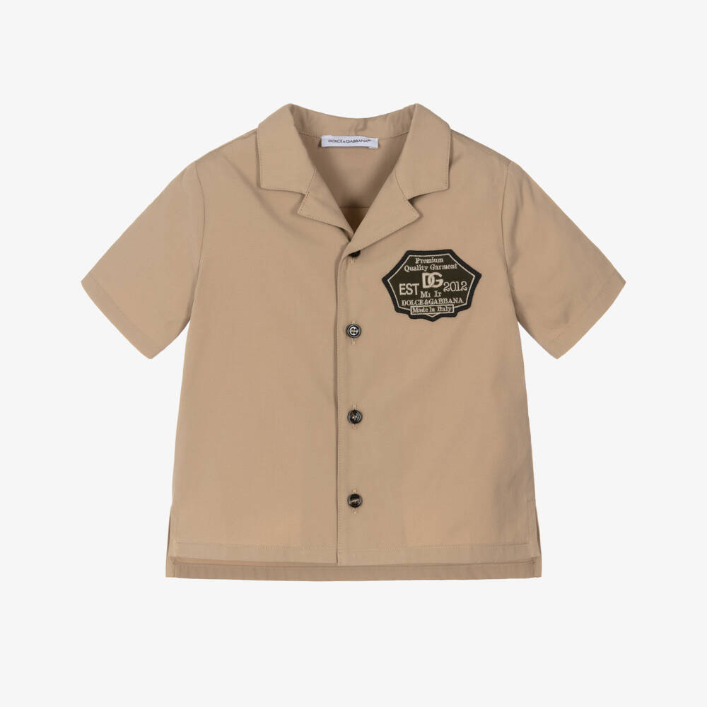 Dolce & Gabbana-Baby Boys Dark Beige Cotton Poplin Shirt with Logo Patch | Childrensalon Outlet