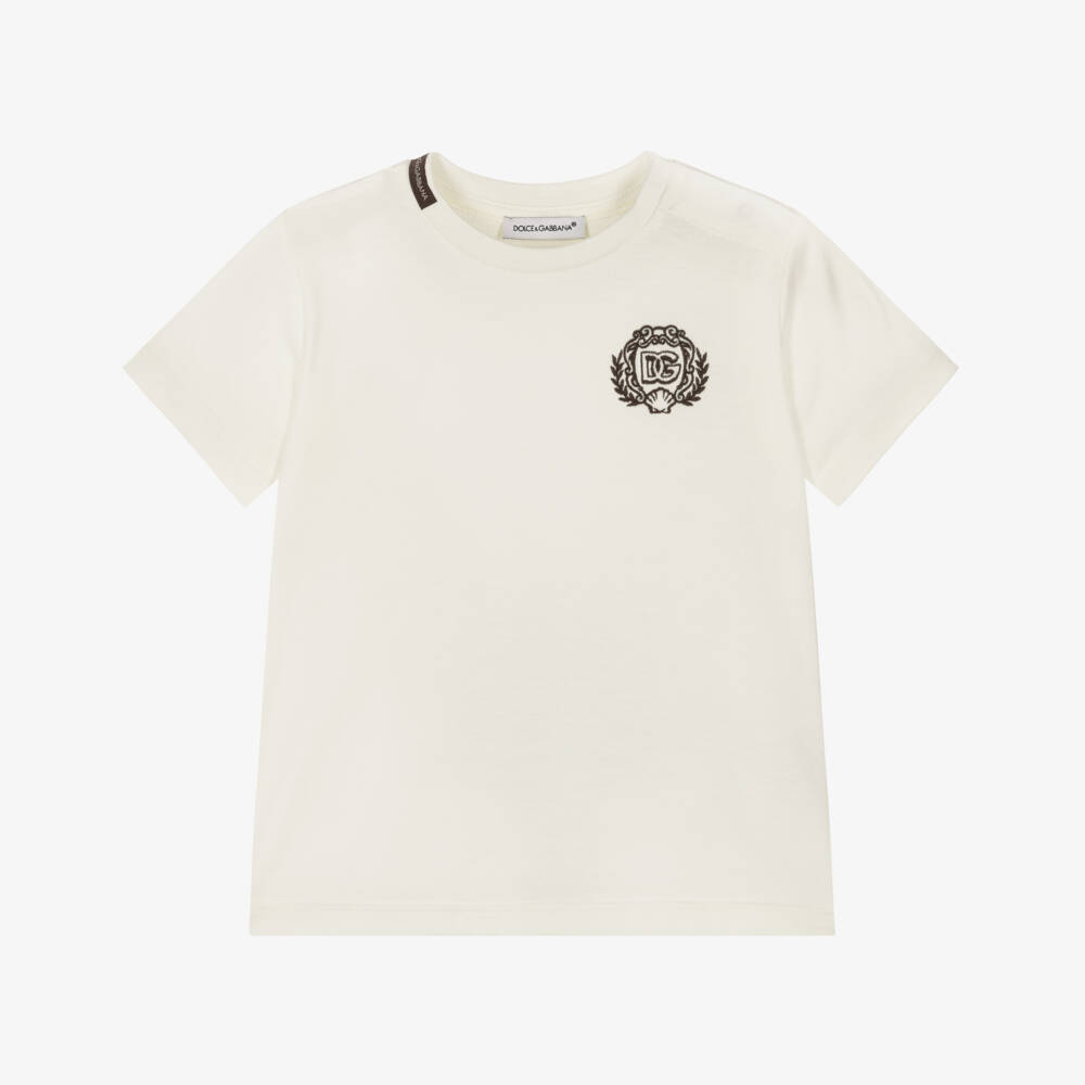Dolce & Gabbana-Baby Boys Ivory Cotton DG Crest Logo T-Shirt | Childrensalon Outlet