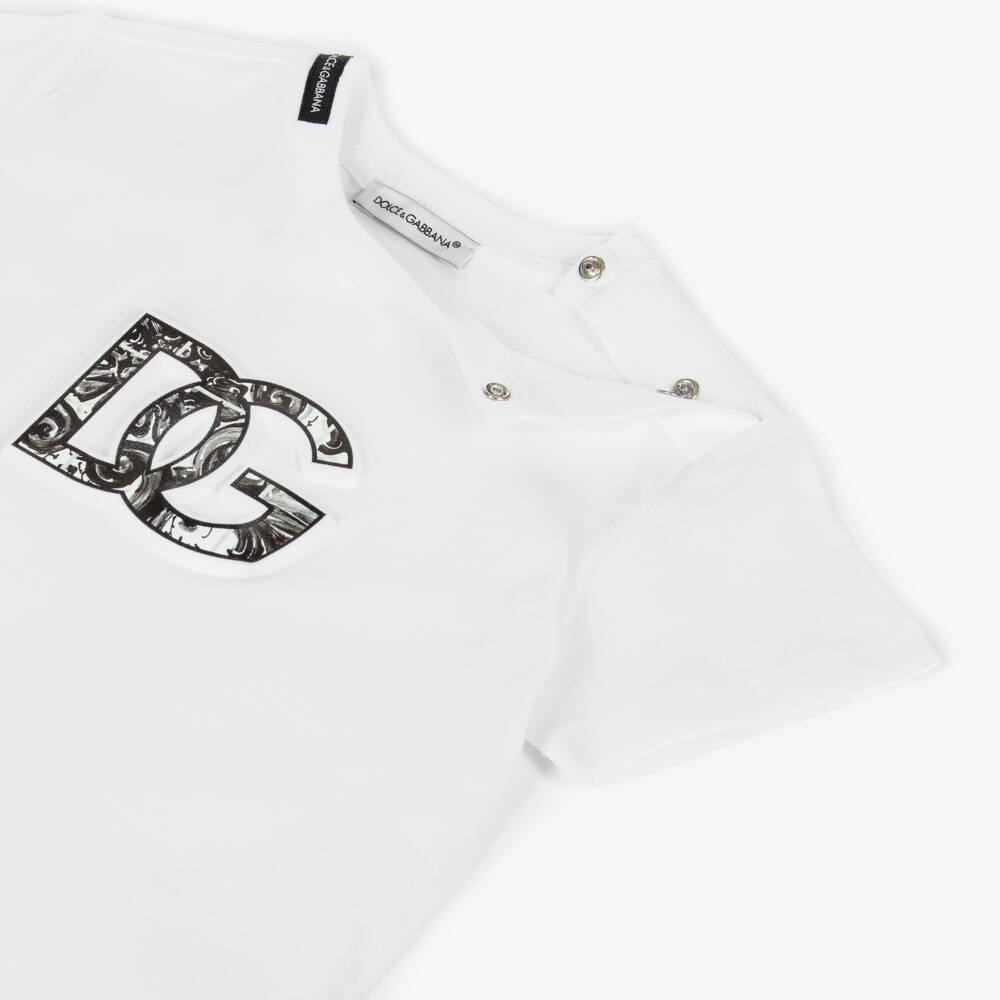 Dolce & Gabbana-Baby Boys White Cotton T-Shirt with Black Majolica DG Logo | Childrensalon Outlet