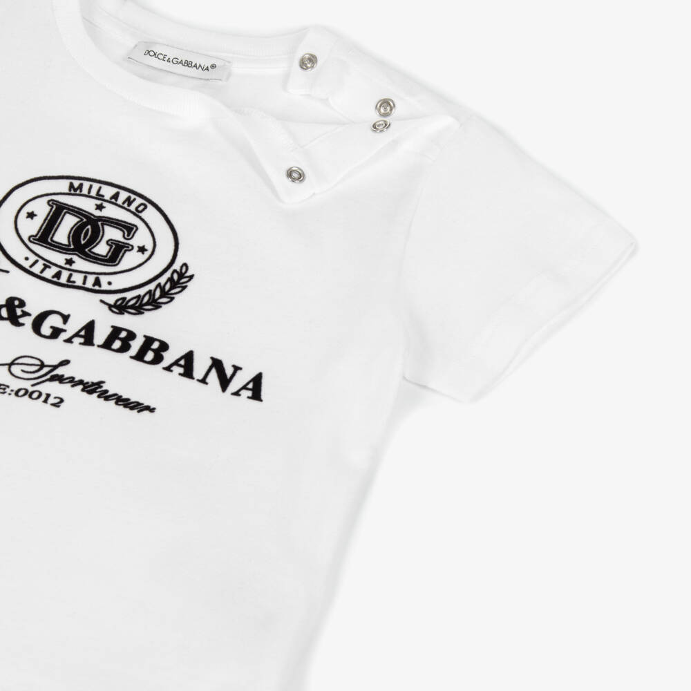 Dolce & Gabbana-Baby Boys White Cotton T-Shirt with Flocked Logo | Childrensalon Outlet