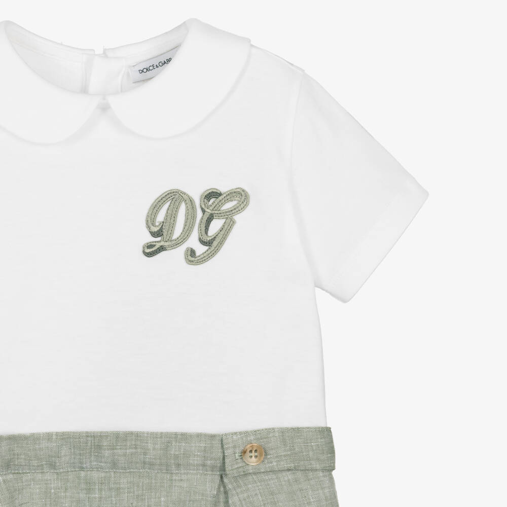 Dolce & Gabbana-Baby Boys White Jersey & Green Linen DG Shortie | Childrensalon Outlet