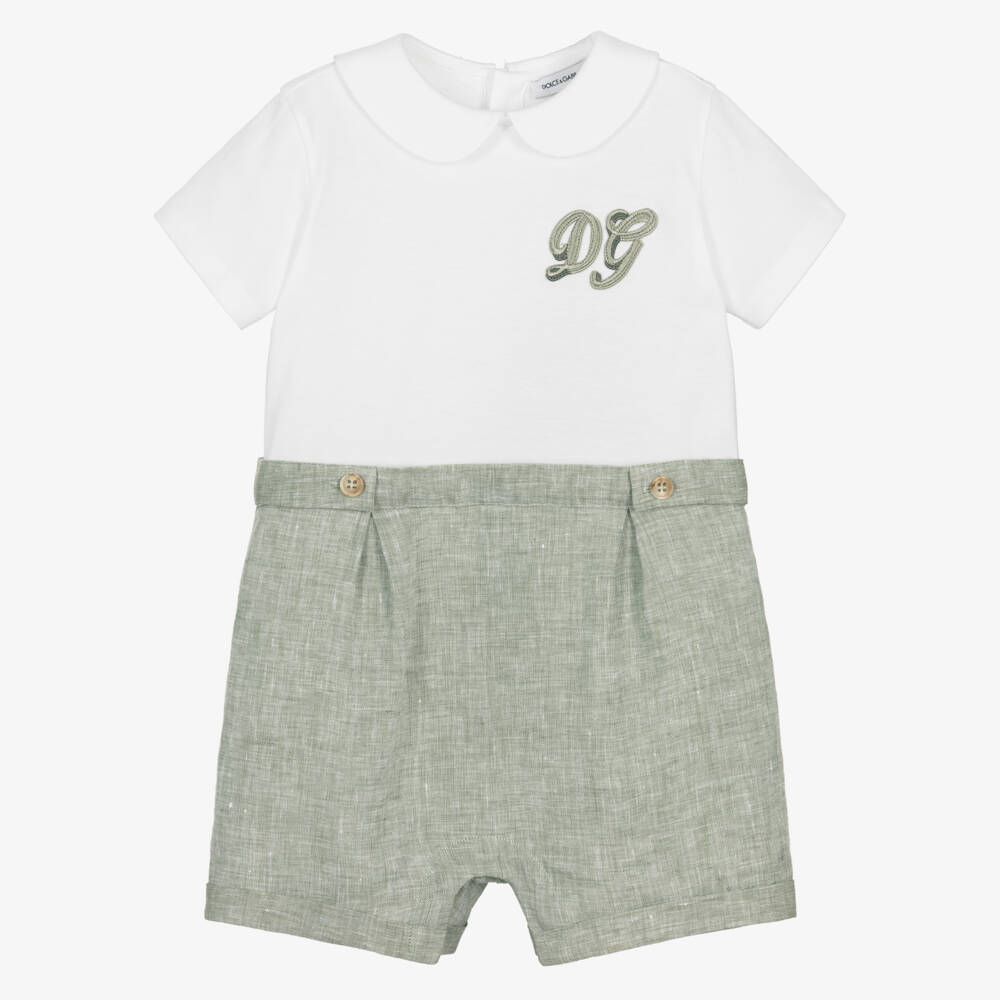 Dolce & Gabbana-Baby Boys White Jersey & Green Linen DG Shortie | Childrensalon Outlet