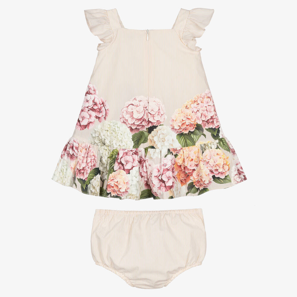 Dolce & Gabbana-Baby Girls Beige Stripes & Hydrangea Print Poplin Dress | Childrensalon Outlet