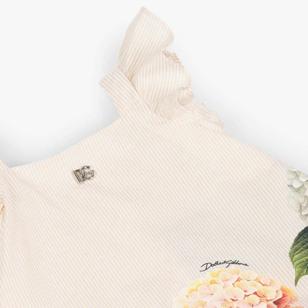 Dolce & Gabbana-Baby Girls Beige Stripes & Hydrangea Print Poplin Dress | Childrensalon Outlet