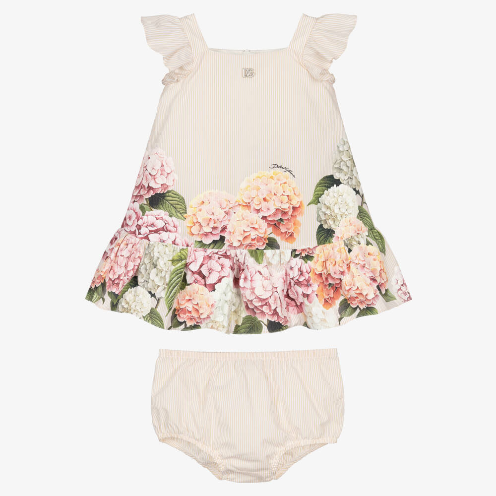 Dolce & Gabbana-Baby Girls Beige Stripes & Hydrangea Print Poplin Dress | Childrensalon Outlet