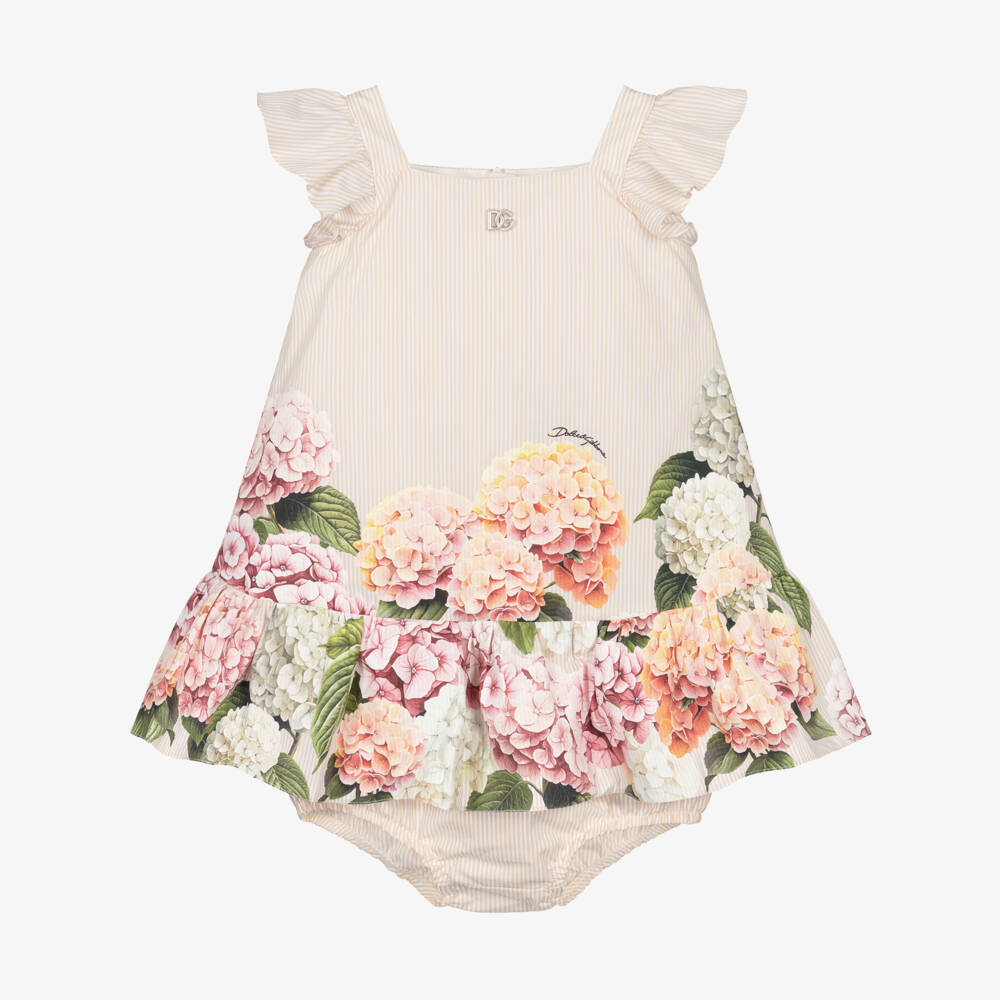 Dolce & Gabbana-Baby Girls Beige Stripes & Hydrangea Print Poplin Dress | Childrensalon Outlet