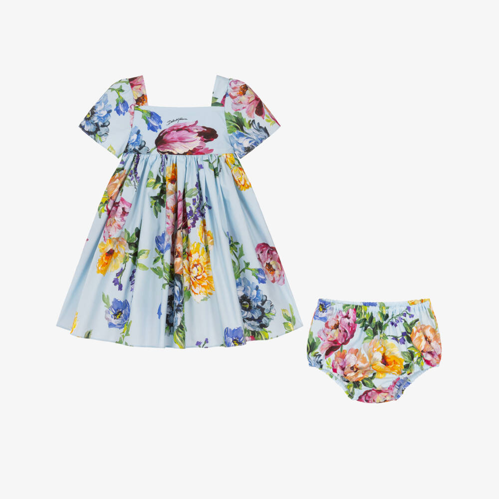 Dolce & Gabbana-Baby Girls Blue Floral Print Cotton Poplin Dress | Childrensalon Outlet