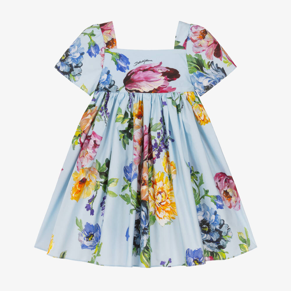 Dolce & Gabbana-Baby Girls Blue Floral Print Cotton Poplin Dress | Childrensalon Outlet