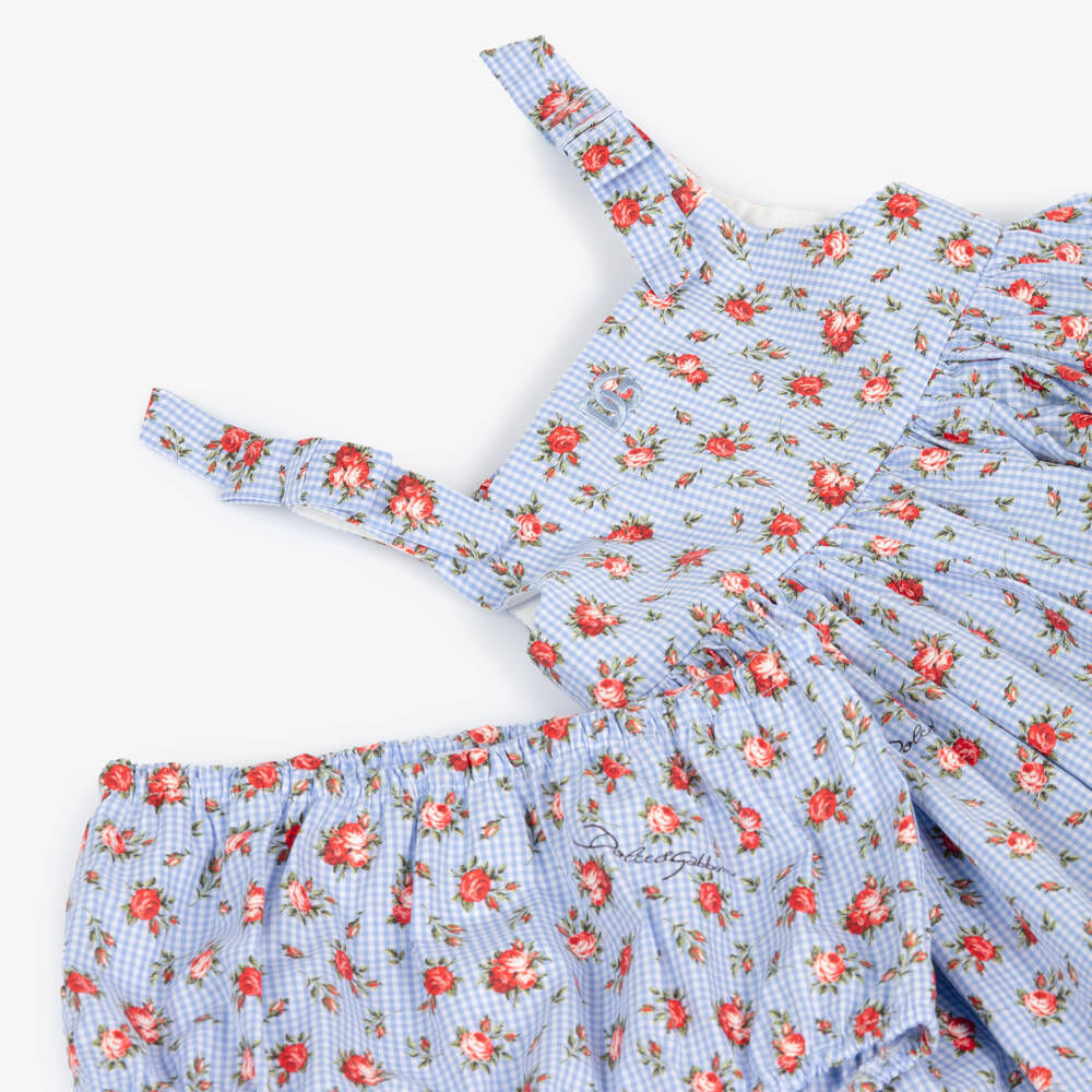 Dolce & Gabbana-Baby Girls Blue Gingham & Red Rose Dress | Childrensalon Outlet