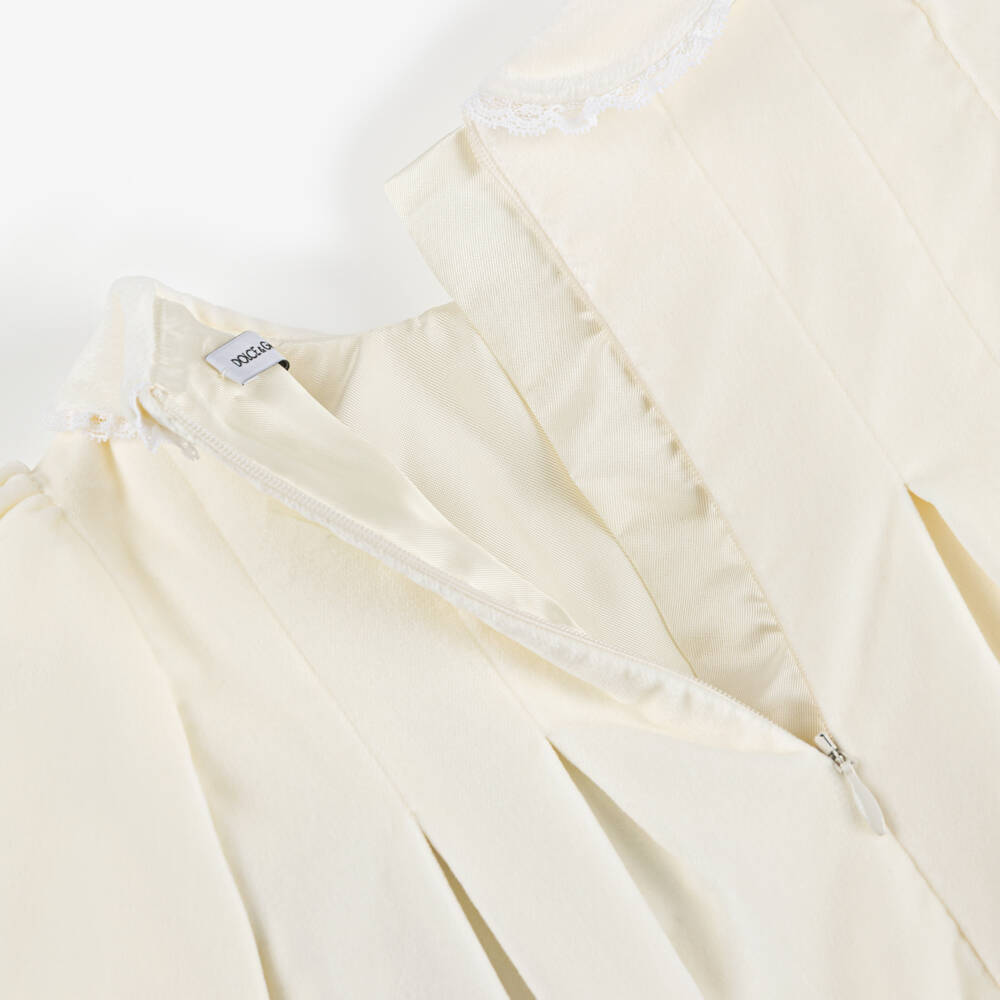 Dolce & Gabbana-Baby Girls Ivory Cotton Velour Dress with Lace Trim | Childrensalon Outlet