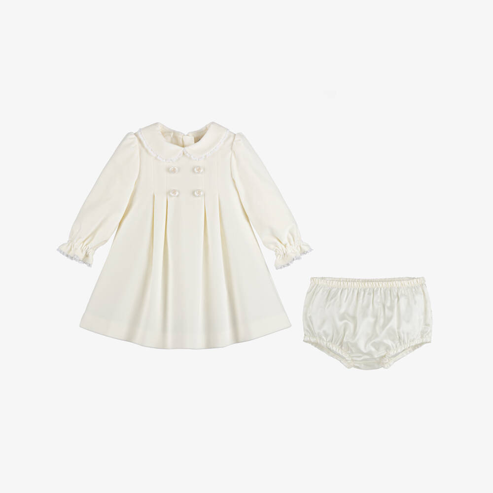 Dolce & Gabbana-Baby Girls Ivory Cotton Velour Dress with Lace Trim | Childrensalon Outlet