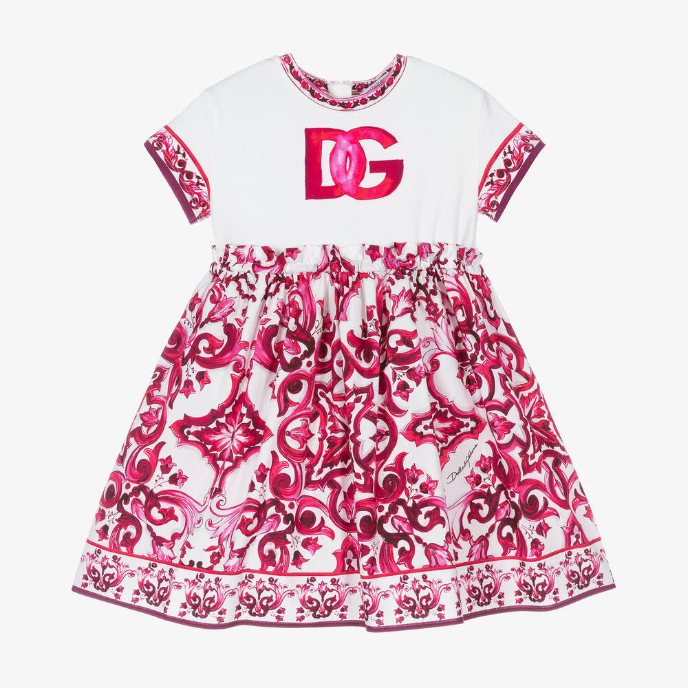 Dolce & Gabbana - Бело-розовое хлопковое платье с принтом Majolica | Childrensalon