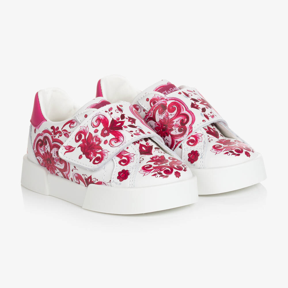 Dolce & Gabbana - Бело-розовые кожаные кроссовки с принтом Majolica | Childrensalon