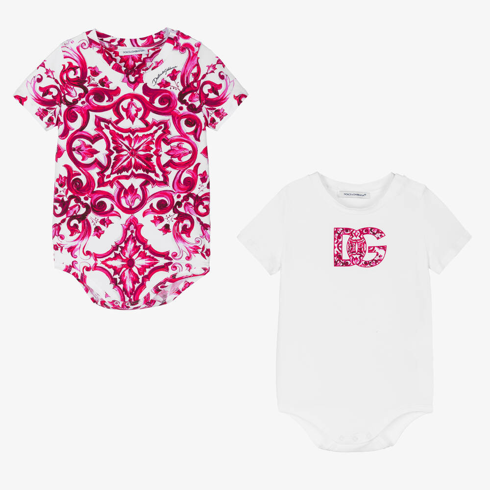 Dolce & Gabbana - Белое и бело-розовое боди с принтом Majolica (2шт.) | Childrensalon