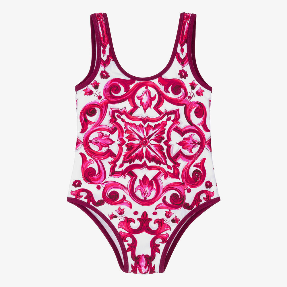 Dolce & Gabbana - Baby Girls Pink Majolica Print Swimsuit | Childrensalon