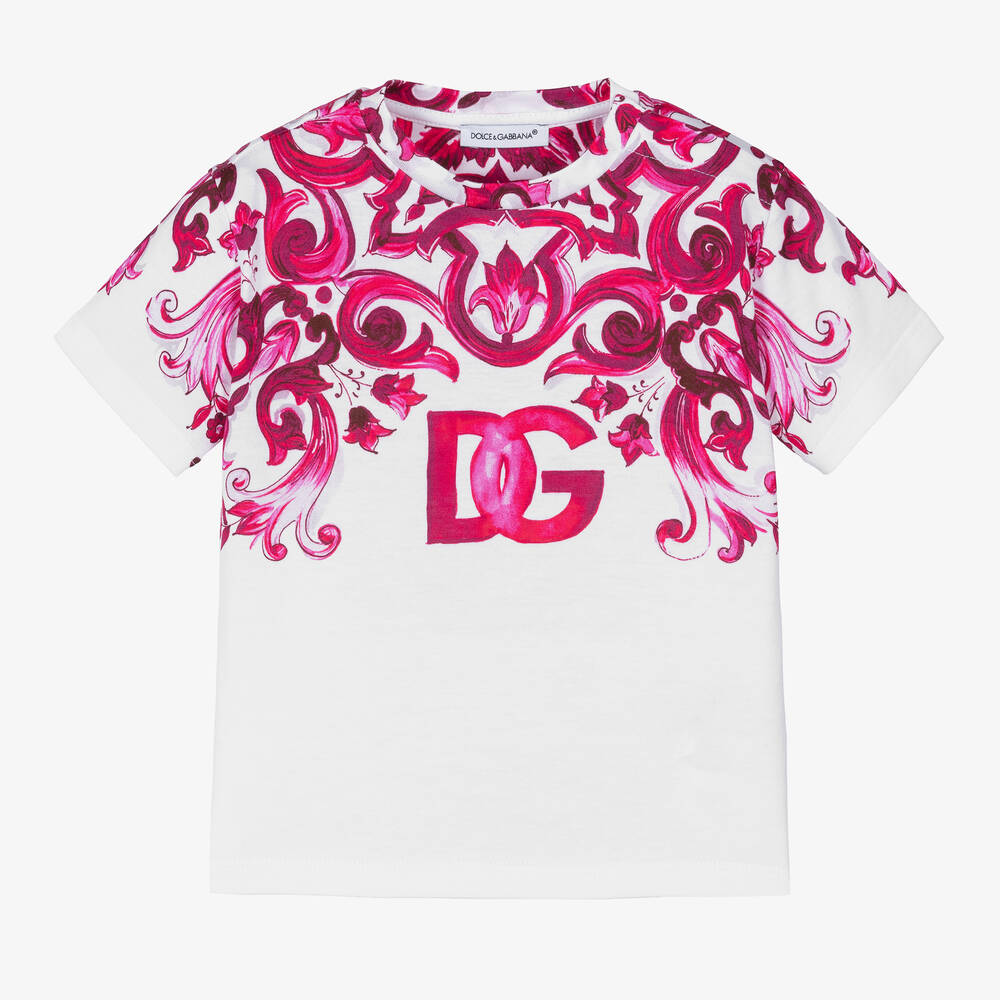 Dolce & Gabbana - Бело-розовая футболка с принтом Majolica | Childrensalon