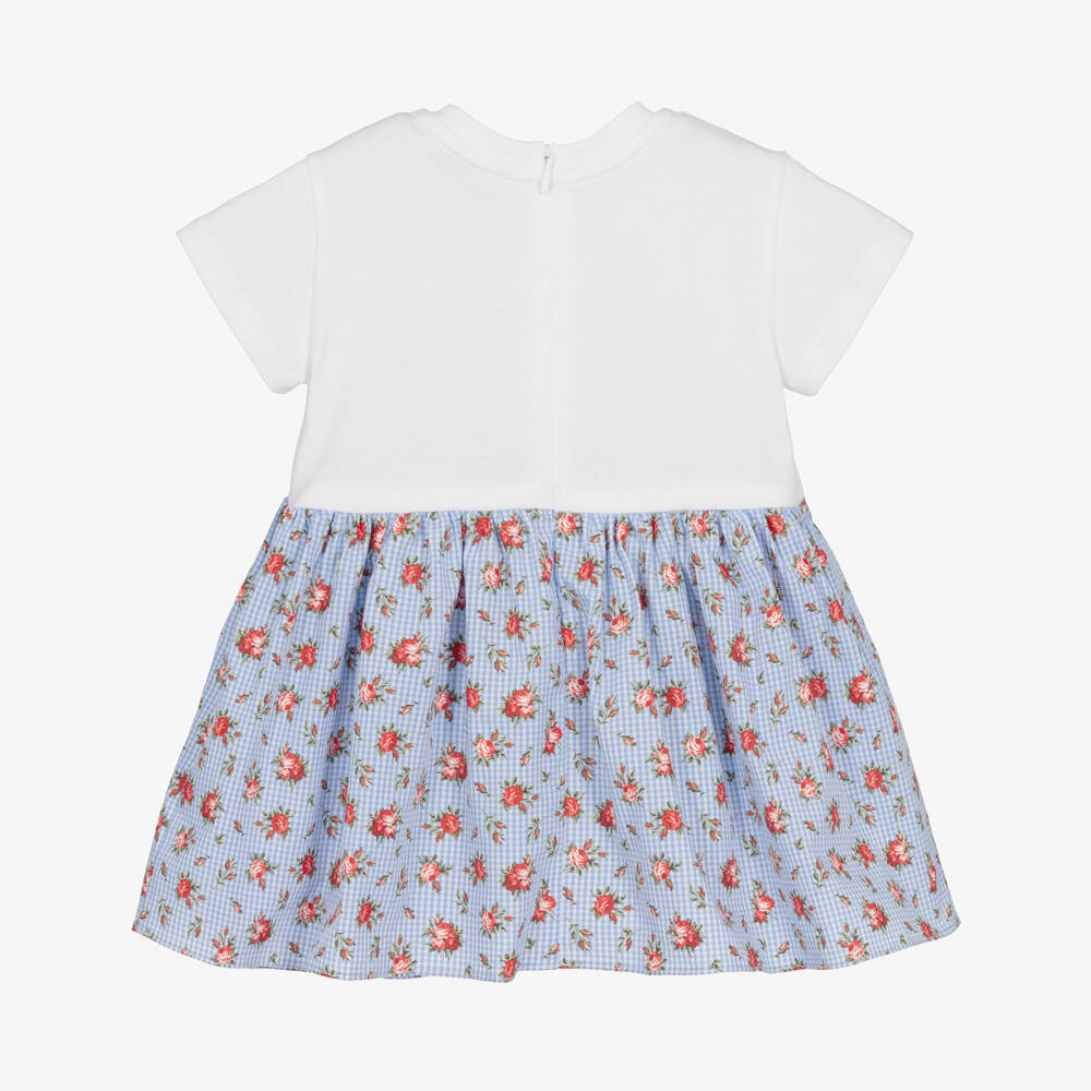 Dolce & Gabbana-Baby Girls White & Blue Gingham Floral Cotton Dress | Childrensalon Outlet