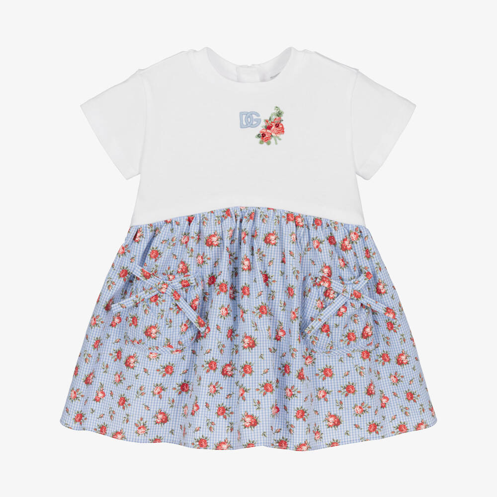 Dolce & Gabbana-Baby Girls White & Blue Gingham Floral Cotton Dress | Childrensalon Outlet