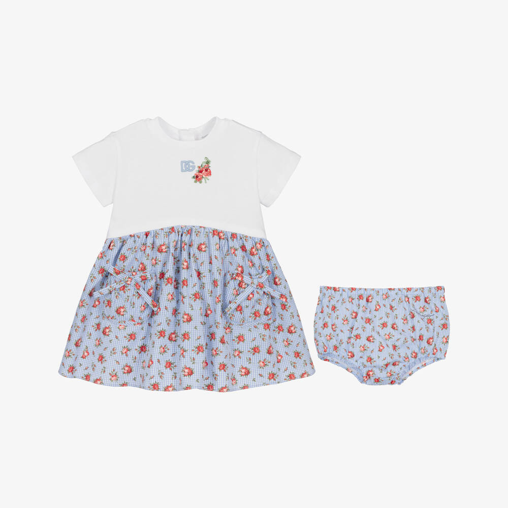 Dolce & Gabbana-Baby Girls White & Blue Gingham Floral Cotton Dress | Childrensalon Outlet