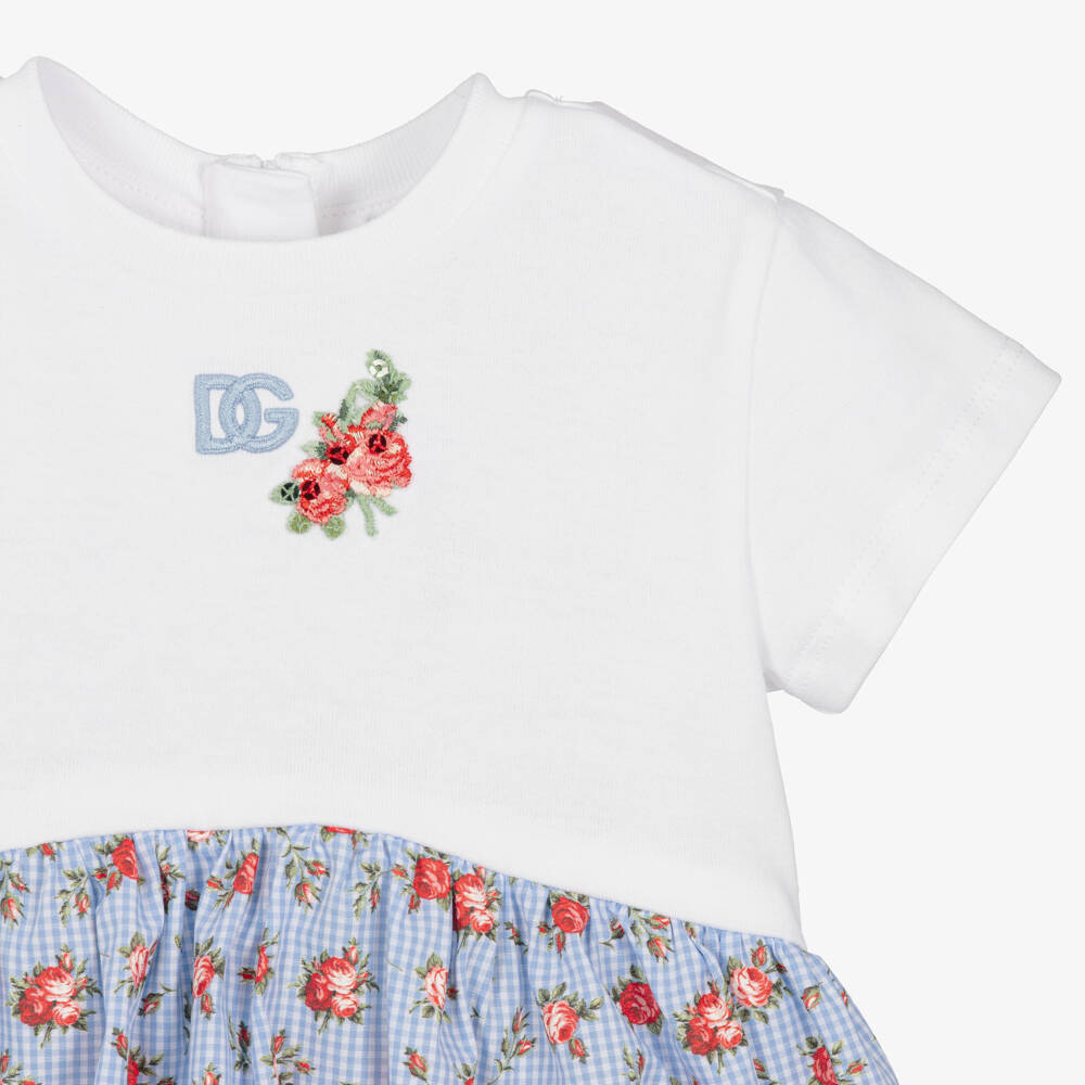 Dolce & Gabbana-Baby Girls White & Blue Gingham Floral Cotton Dress | Childrensalon Outlet
