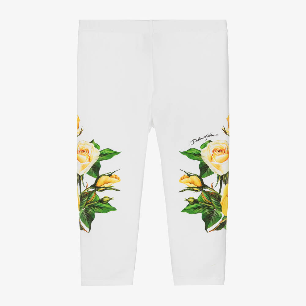Baby Girls White Cotton Rose Print Leggings