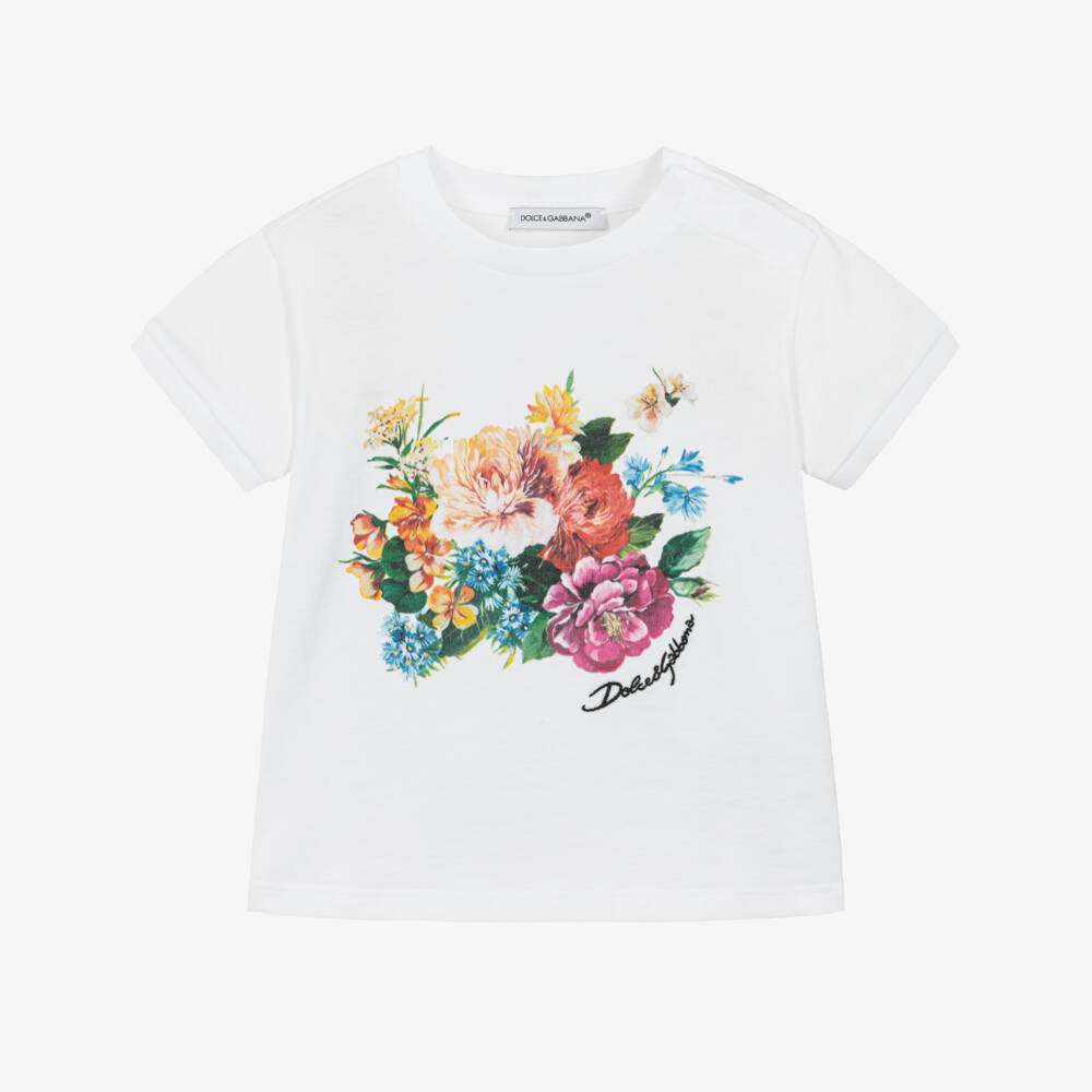Dolce & Gabbana-Baby Girls White Cotton T-Shirt with Colourful Floral Print | Childrensalon Outlet
