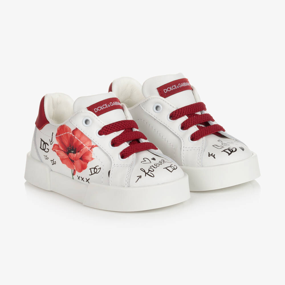 Dolce & Gabbana - Weiße Mohnblumen-Leder-Sneakers (B) | Childrensalon