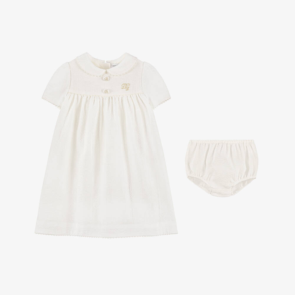 Dolce & Gabbana-Baby Girls White Linen Seersucker Dress | Childrensalon Outlet