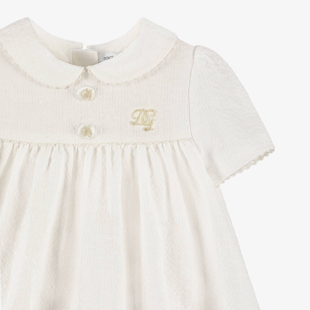 Dolce & Gabbana-Baby Girls White Linen Seersucker Dress | Childrensalon Outlet