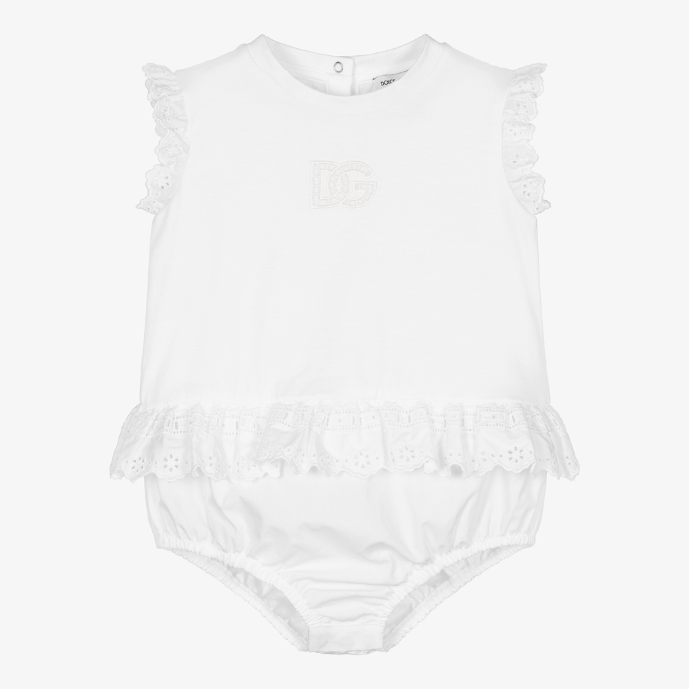 Dolce & Gabbana - تبّان قطن بوبلين وجيرسي لون أبيض للمولودات  | Childrensalon