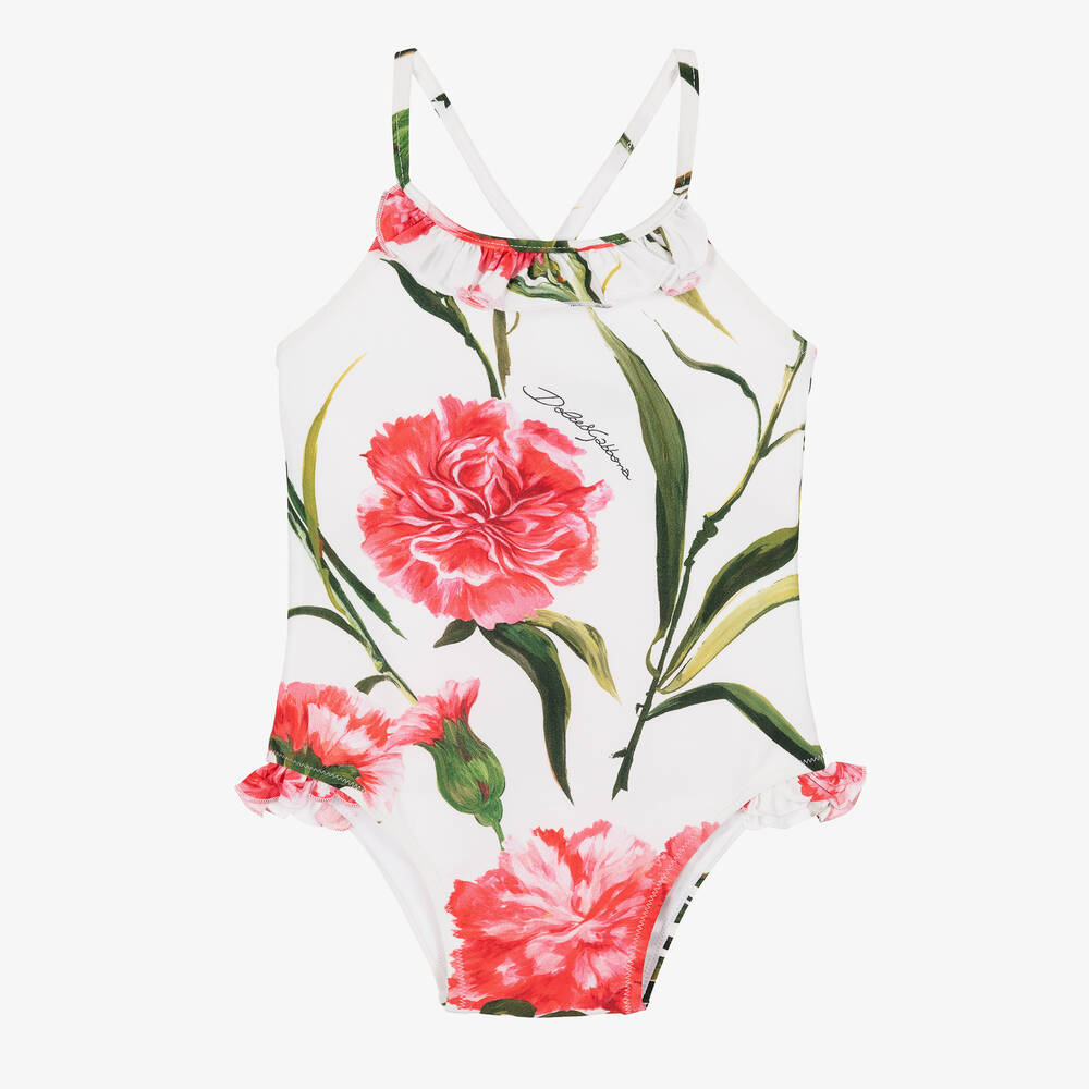 Dolce & Gabbana - Baby Girls White & Pink Carnation Swimsuit | Childrensalon