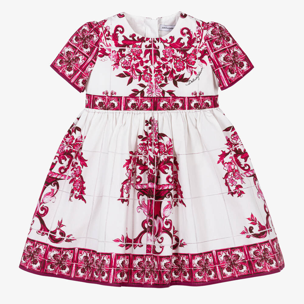 Dolce & Gabbana - Baby Girls White & Pink Cotton Majolica Dress | Childrensalon