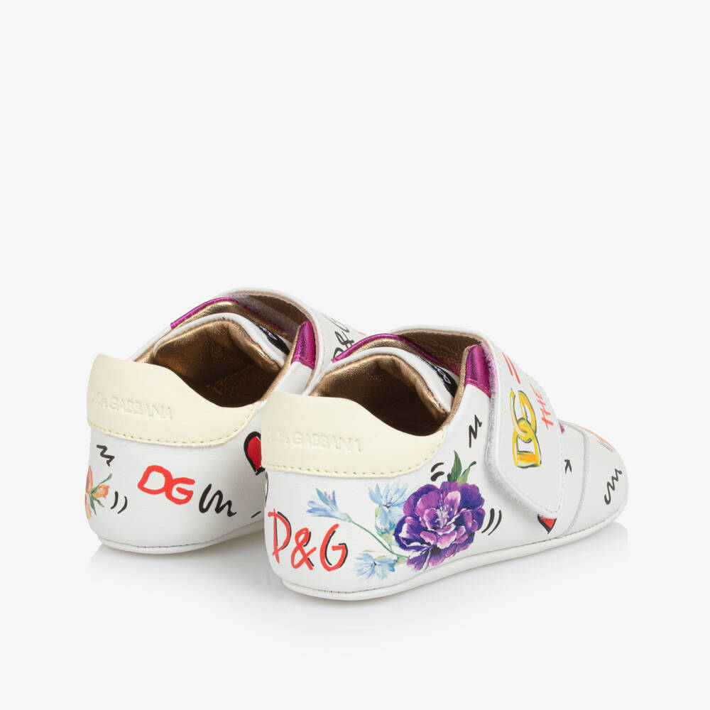 Dolce & Gabbana-Baby Girls White & Pink Floral Logo Leather Pre-Walkers | Childrensalon Outlet