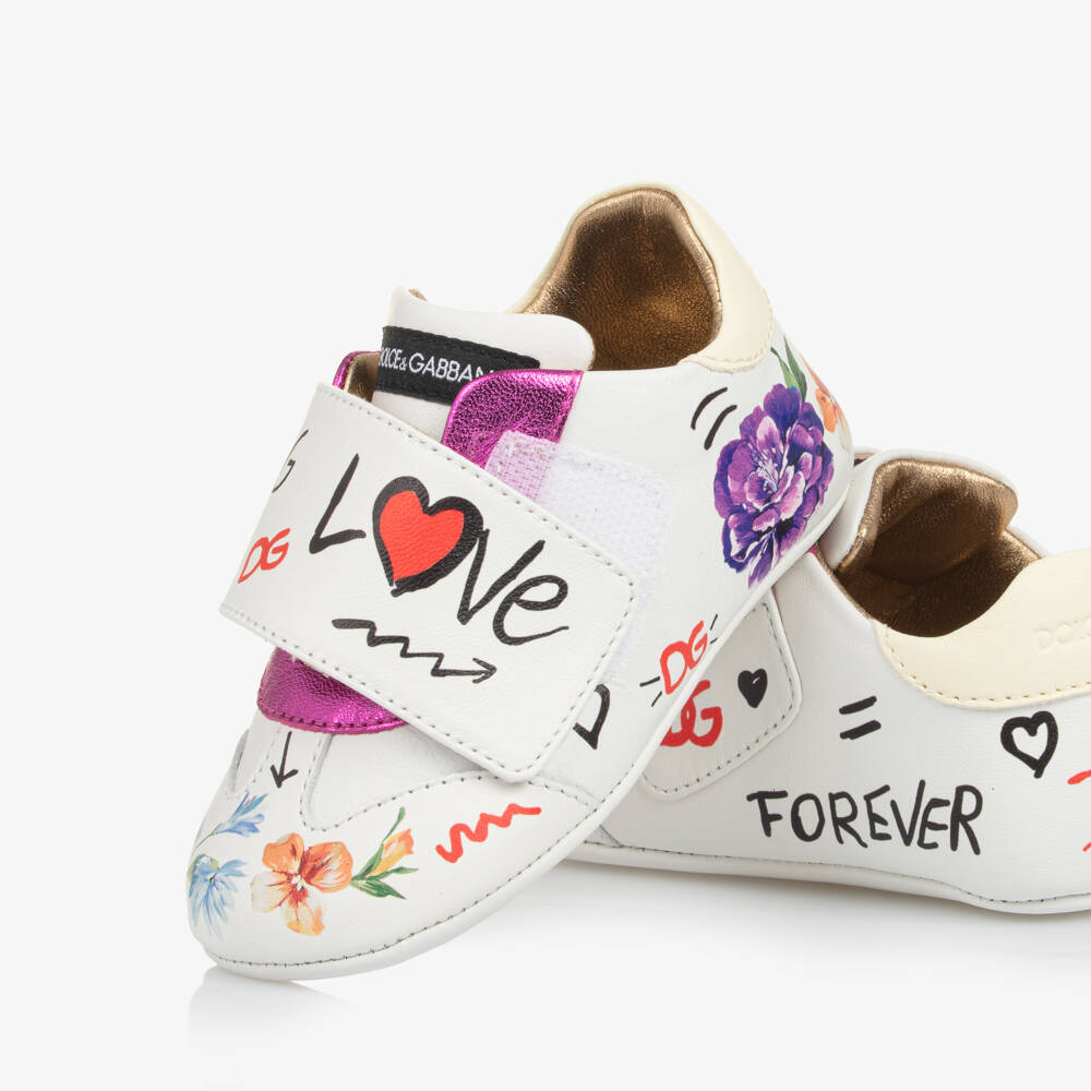 Dolce & Gabbana-Baby Girls White & Pink Floral Logo Leather Pre-Walkers | Childrensalon Outlet
