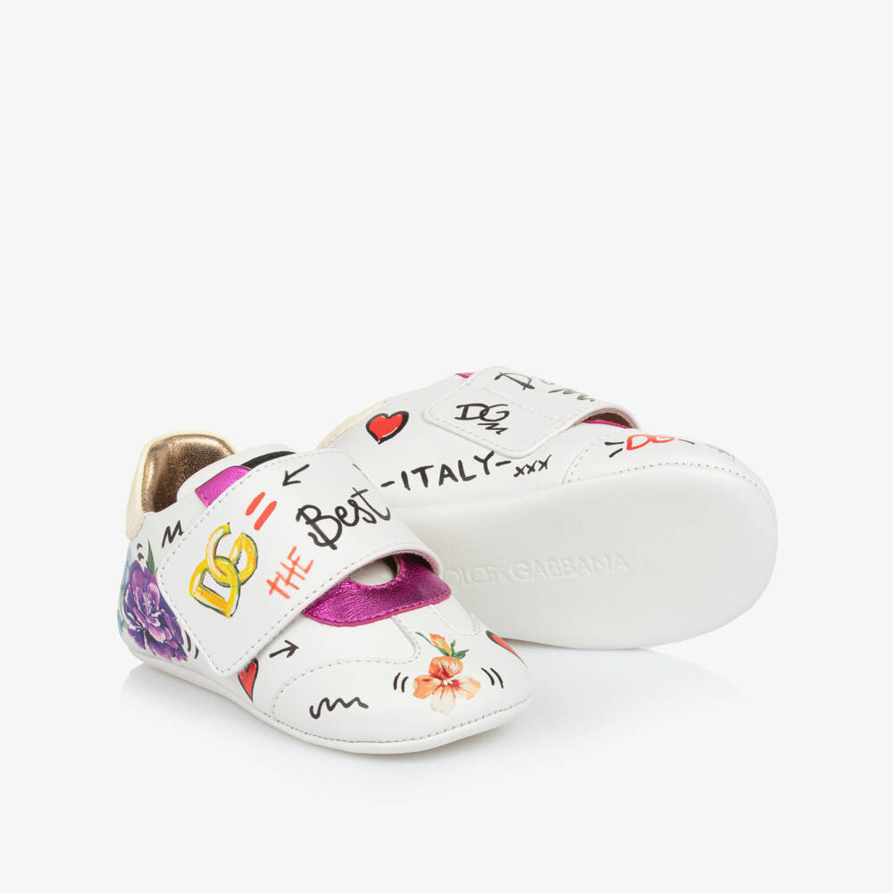 Dolce & Gabbana-Baby Girls White & Pink Floral Logo Leather Pre-Walkers | Childrensalon Outlet