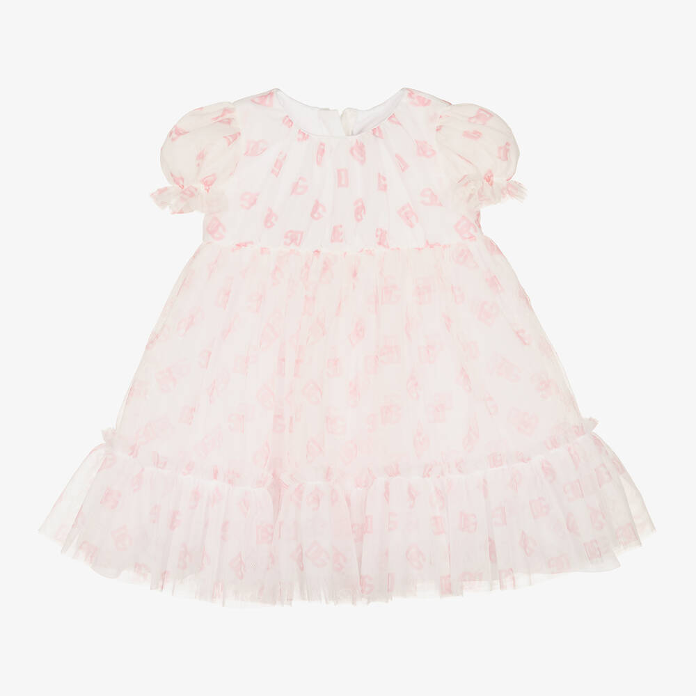 Dolce & Gabbana - فستان أطفال بناتي تول لون أبيض وزهري | Childrensalon