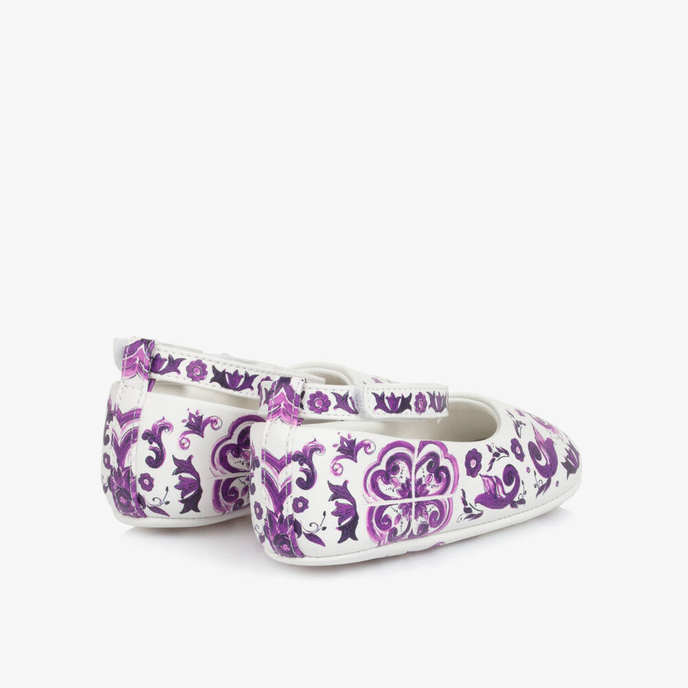 Dolce & Gabbana-Baby Girls White & Purple Majolica Leather Pre-Walker Pumps | Childrensalon Outlet