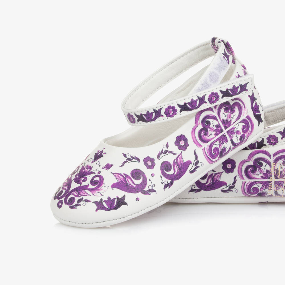Dolce & Gabbana-Baby Girls White & Purple Majolica Leather Pre-Walker Pumps | Childrensalon Outlet