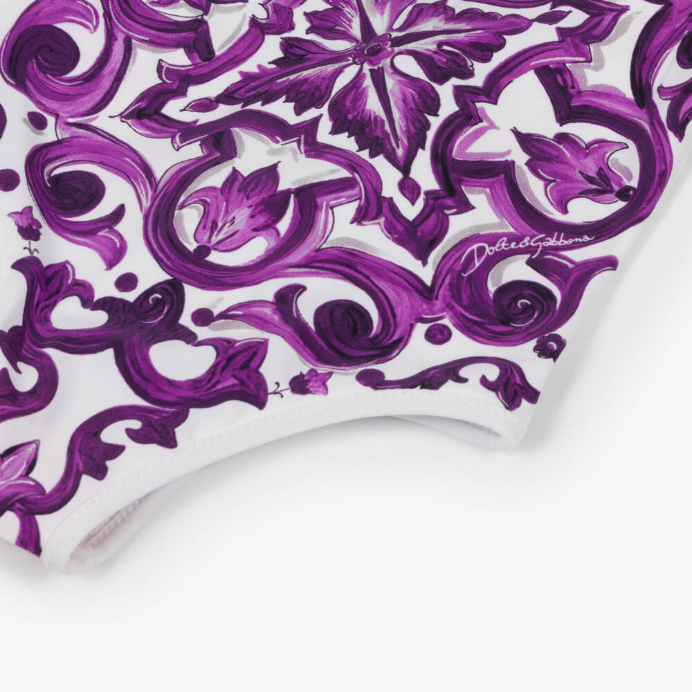 Dolce & Gabbana-Baby Girls White & Purple Majolica Print Swimsuit | Childrensalon Outlet