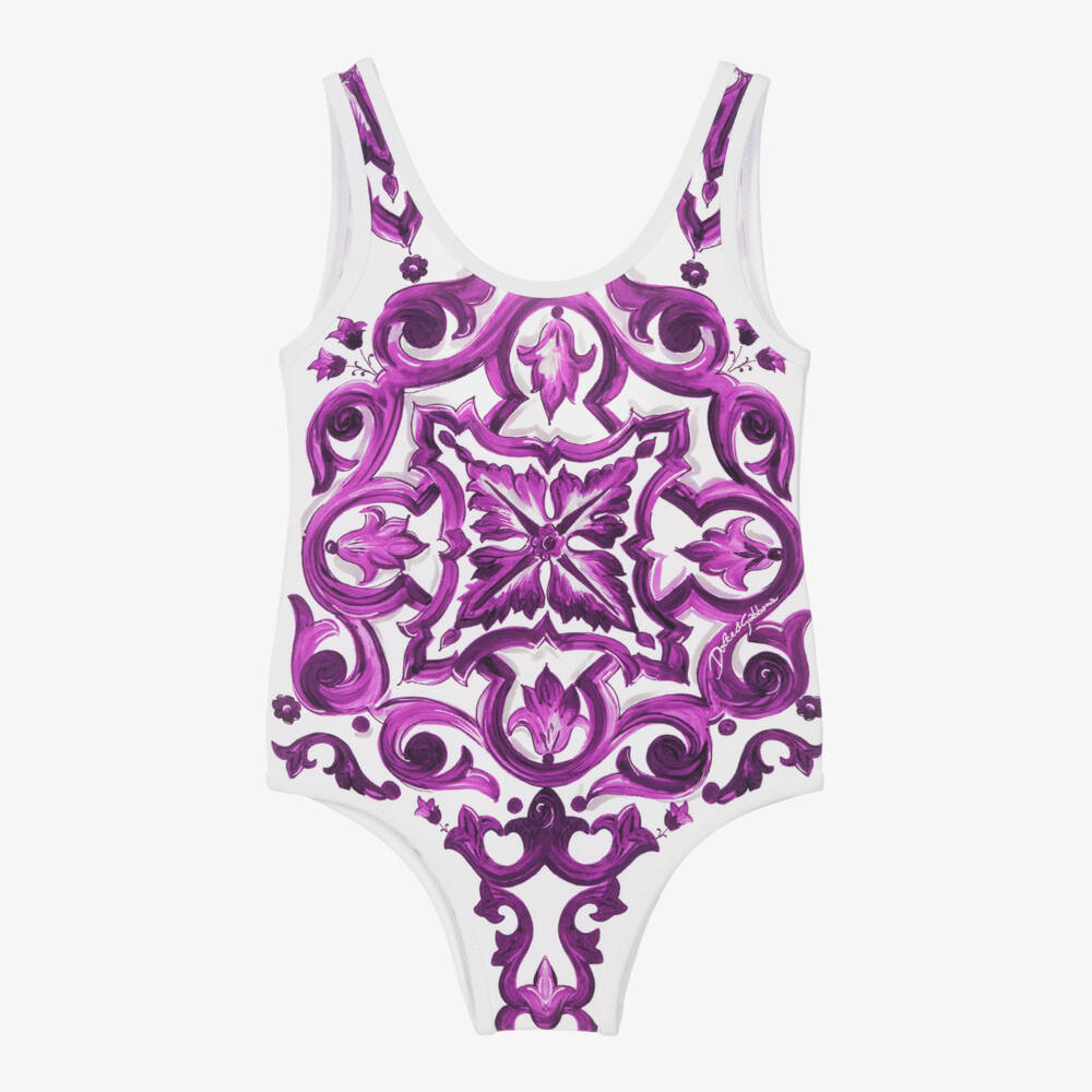 Dolce & Gabbana-Baby Girls White & Purple Majolica Print Swimsuit | Childrensalon Outlet