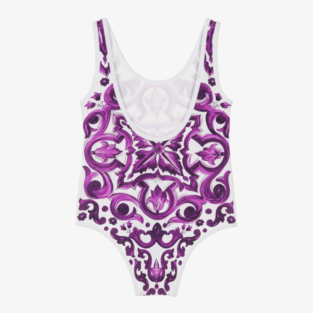 Dolce & Gabbana-Baby Girls White & Purple Majolica Print Swimsuit | Childrensalon Outlet