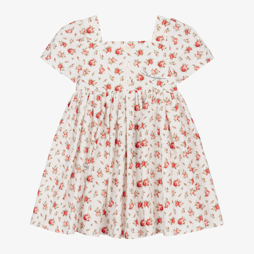 Dolce & Gabbana-Baby Girls White & Red Rose Print Cotton Dress | Childrensalon Outlet