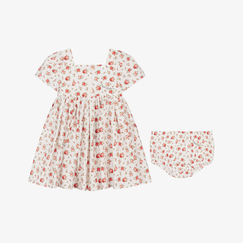 Dolce & Gabbana-Baby Girls White & Red Rose Print Cotton Dress | Childrensalon Outlet