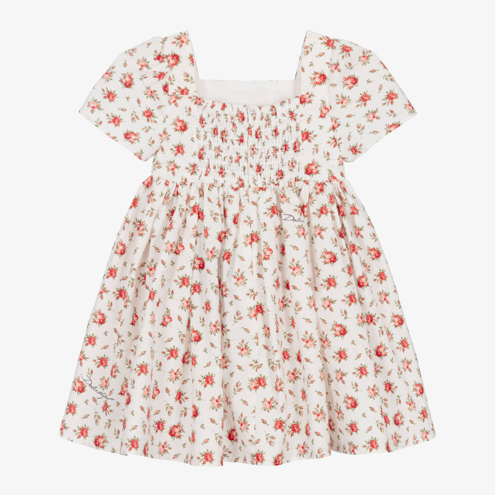 Dolce & Gabbana-Baby Girls White & Red Rose Print Cotton Dress | Childrensalon Outlet