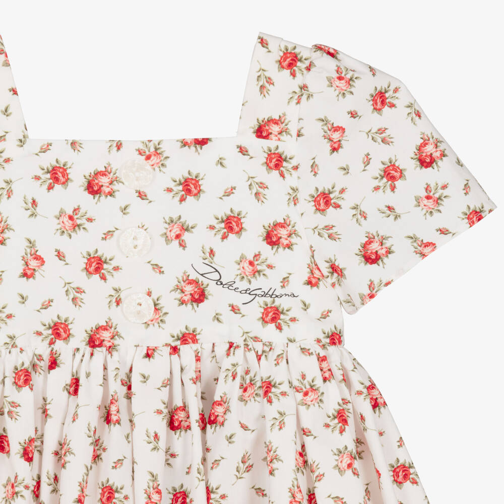 Dolce & Gabbana-Baby Girls White & Red Rose Print Cotton Dress | Childrensalon Outlet