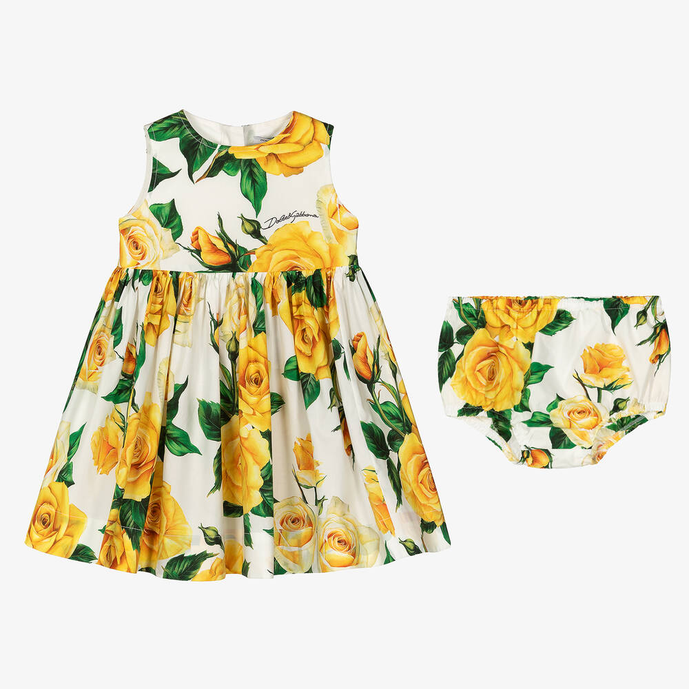 Dolce & Gabbana ローズ コットン ミニ ドレス イエロー Dolce & Gabbana - Girls Yellow Rose Print Cotton Dress