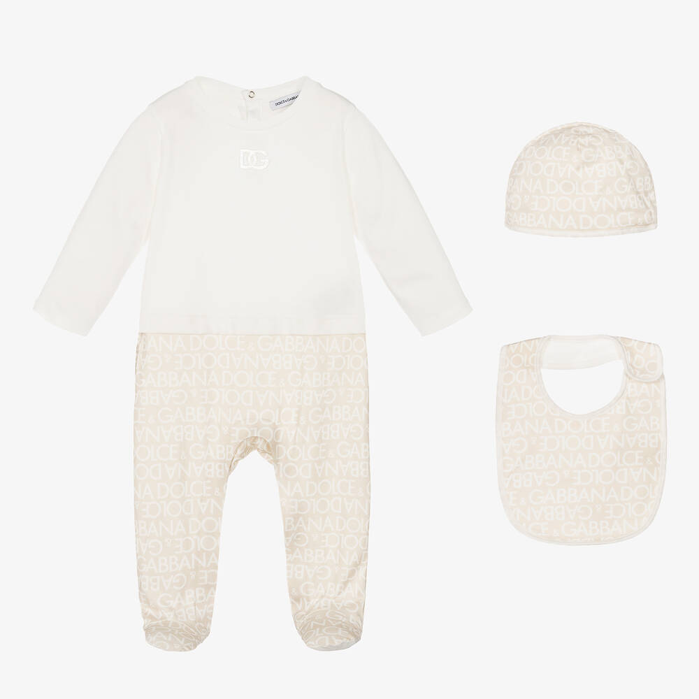 Dolce & Gabbana-طقم هدية أفرول بيبي غرو قطن لون بيج للأطفال | Childrensalon Outlet