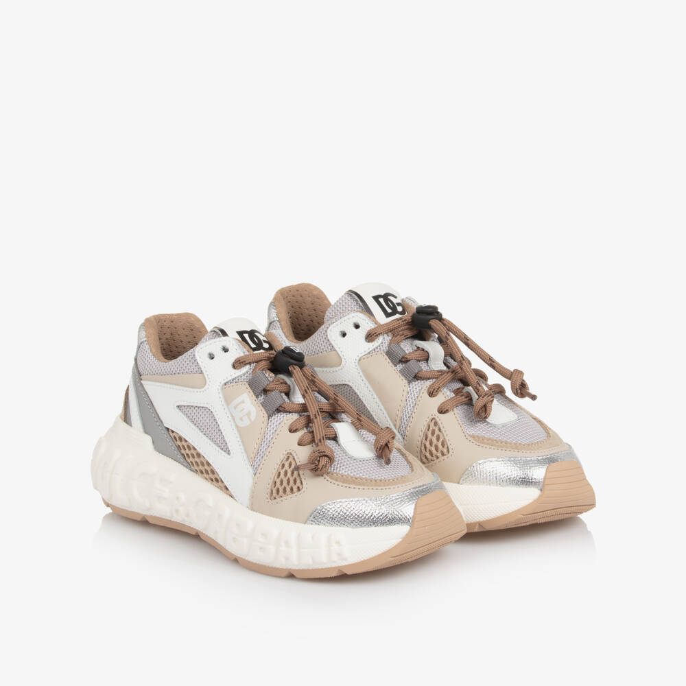 Dolce & Gabbana-Beige & Grey Mesh Trainers with Leather Trims | Childrensalon Outlet