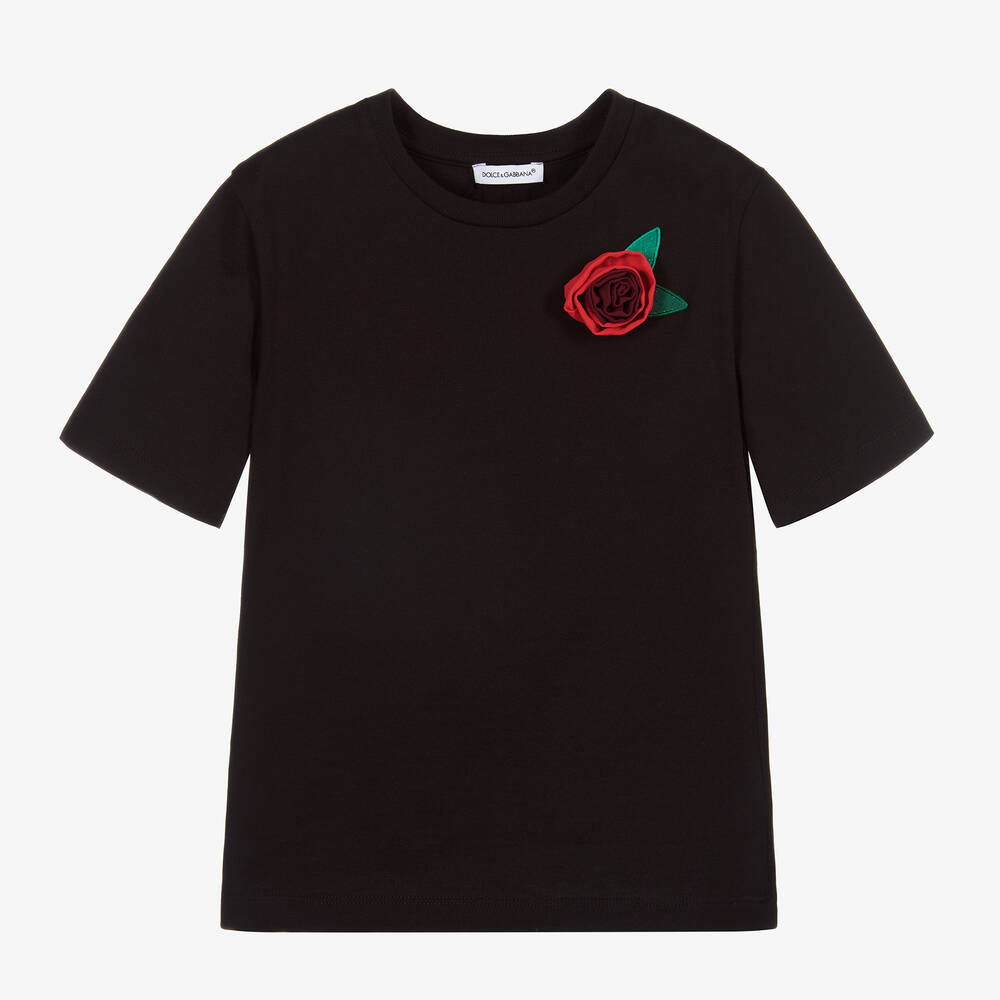 Dolce & Gabbana - Schwarzes T-Shirt mit 3D-Rosendesign | Childrensalon