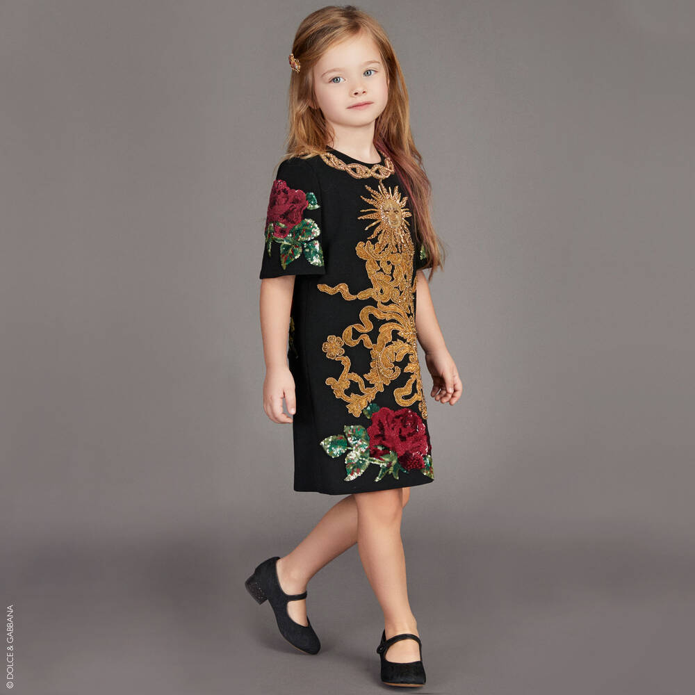 Dolce & Gabbana-Black Embellished Rose Dress | Childrensalon Outlet